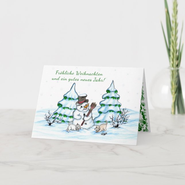 Cartão De Festividades Schneemann mit Katze und Hundewelpe auf Deutsch (Frente)