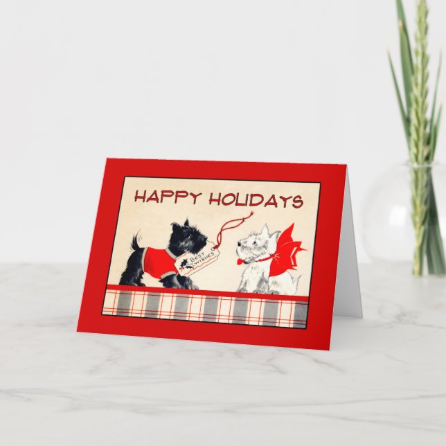 Cartão De Festividades Scottie Dog Black and White Happy Holiday Card (Frente)