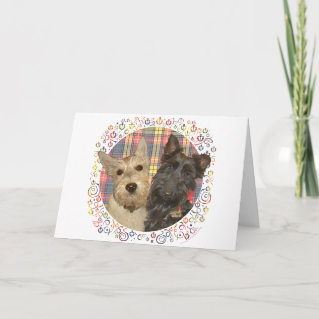 Cartão De Festividades Scotties de Rodas e Negros em Tartan (Frente)