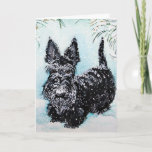 Cartão De Festividades Scottish Terrier no inverno "Nora "<br><div class="desc">Apresentando a um Scottish pequenino Terrier no inverno. Nora está na neve de queda que debate seu próximo passo. A inscrição lê o "Feliz Natal". Um Scottie bonito do feriado para aquecer seu coração esta estação do Natal. Pintura original de um animal de estimação amado pela cereja O'Neill exclusivamente para...</div>