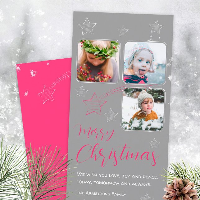 Cartão De Festividades Script de Fotografia de Estrela 3 com fotografia a (Minimalist Pink Shooting Star 3 Photo Script Holiday Card ©Susanne Sachers - Sunny Mind Design 🌞)