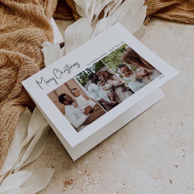 Cartão De Festividades Script de Natal Moderno Dobrou Três Fotos (Criador carregado)