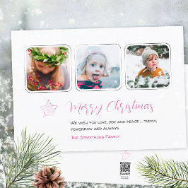 Cartão De Festividades Script de Três Fotos Minimalista Rosa Estrela