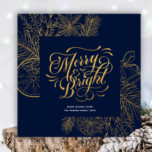 Cartão De Festividades Script Dourado Floral de Tocha Azul de Marinho Mod