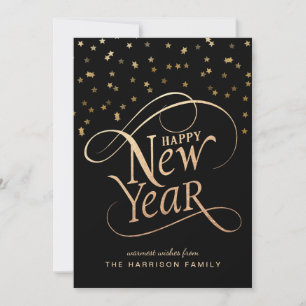 Cartão De Festividades Script Elegante de Ano Novo Preto Dourado