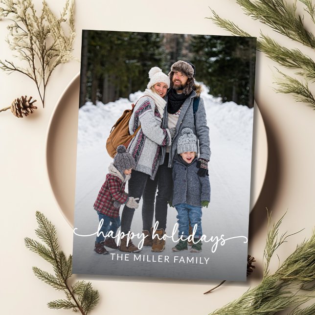 Cartão De Festividades Script elegante de Natal mínimo moderno com 1 foto (happy holidays, photo christmas card)