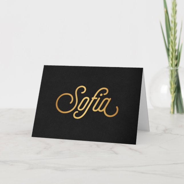 Cartão De Festividades Script Elegante Personalizado Sofia Dourada Preto (Frente)