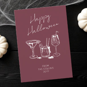 Cartão De Festividades Script Estiloso Burgundy Coquetéis Feliz Halloween