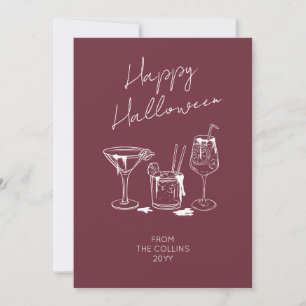 Cartão De Festividades Script Estiloso Burgundy Coquetéis Feliz Halloween