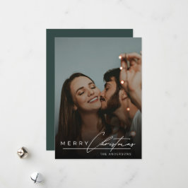 Cartão De Festividades Script Estiloso Minimalista 1 Foto Verde Natal