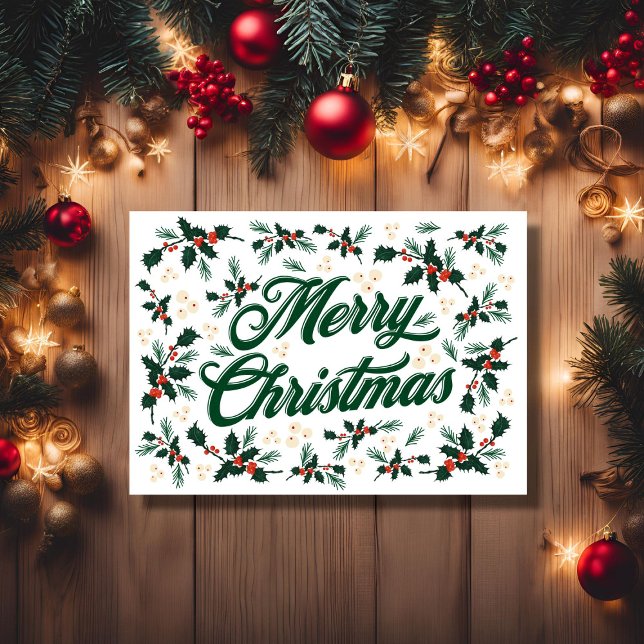 Cartão De Festividades Script Feliz Natal Holly Red e Verde (Script Merry Christmas Holly Red and Green Holiday Card, Colored Lights Background)