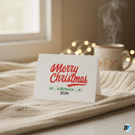 Cartão De Festividades Script Feliz Natal Vermelho com Nome e Ano