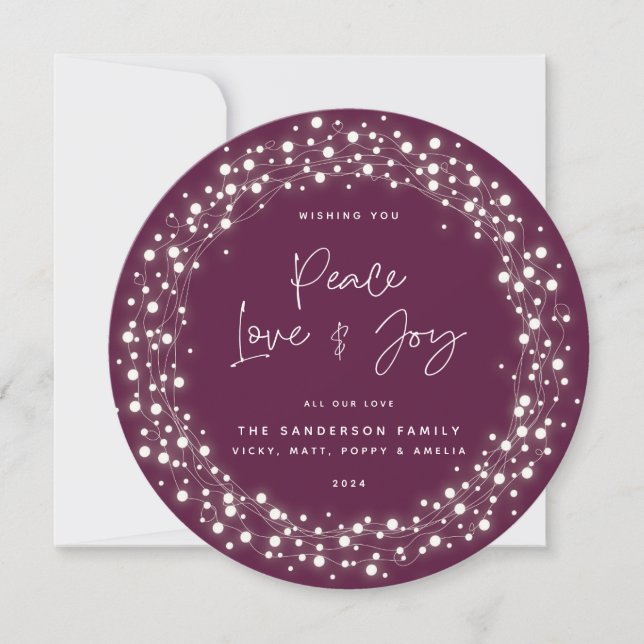 Cartão De Festividades Script Font Peace Love+Joy Sparkes Lights (Frente)
