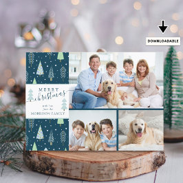 Cartão De Festividades Script MERRY CHRISTMAS Blue Green Trees 3 Fotos