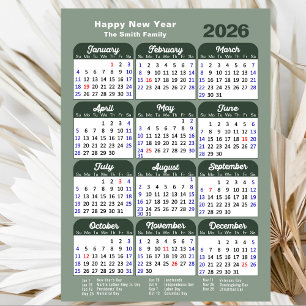 Cartão De Festividades Script Minimalista do Calendário Verde 2026 da Sag