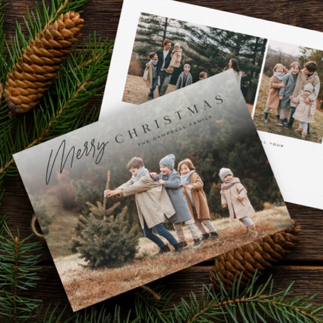 Cartão De Festividades Script Simples Feliz Natal 3 Foto  (Modern script typography merry christmas photo christmas holiday card.)