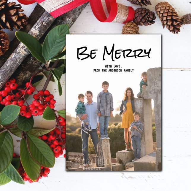 Cartão De Festividades Script Simples Preto Ser Placa Plana de Fotografia (Black Simple Script Be Merry Holiday Photo Card)