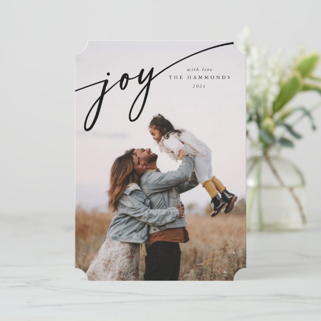 Cartão De Festividades Script Tipográfico Preto Elegante 'Joy' (Em pé/Frente)