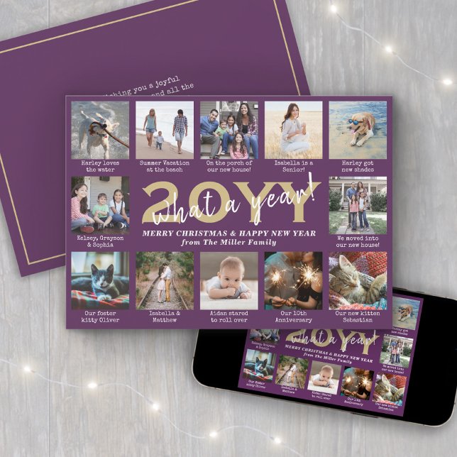 Cartão De Festividades Script What a Year! 12 Photo Collage Purple & Gold (Criador carregado)