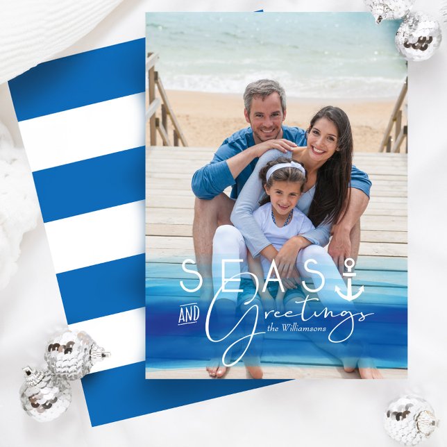 Cartão De Festividades Seas e Saudações Foto de Omã Costeira do Oceano Az (Seas & Greetings Coastal Blue Ocean Ombre Photo Holiday Card)
