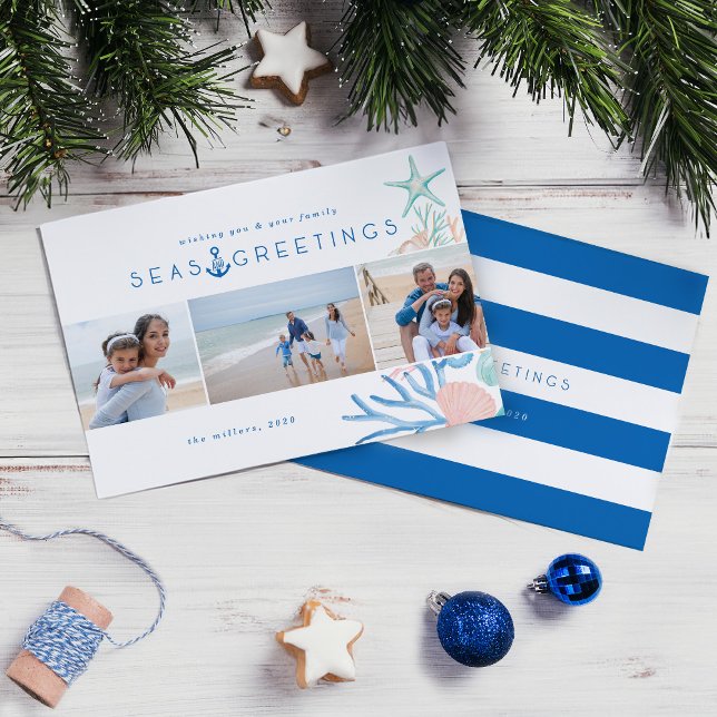 Cartão De Festividades Seas e Saudações Seashell Árvore de Natal Foto (Seas & Greetings Seashell Christmas Tree Photo Holiday Card)