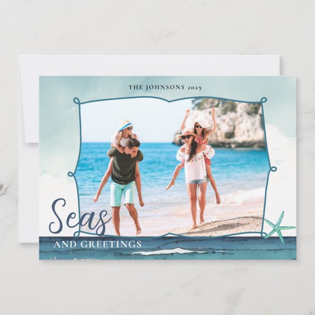 Cartão De Festividades Seas & Greetings Coastal Christmas with photo  (Frente)