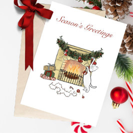 Cartão De Festividades Season's Greetings Fireplace Cat Greeting Card