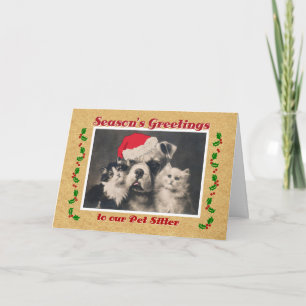 Cartão De Festividades Season's Greetings for Pet Sitter Bulldog and Cat