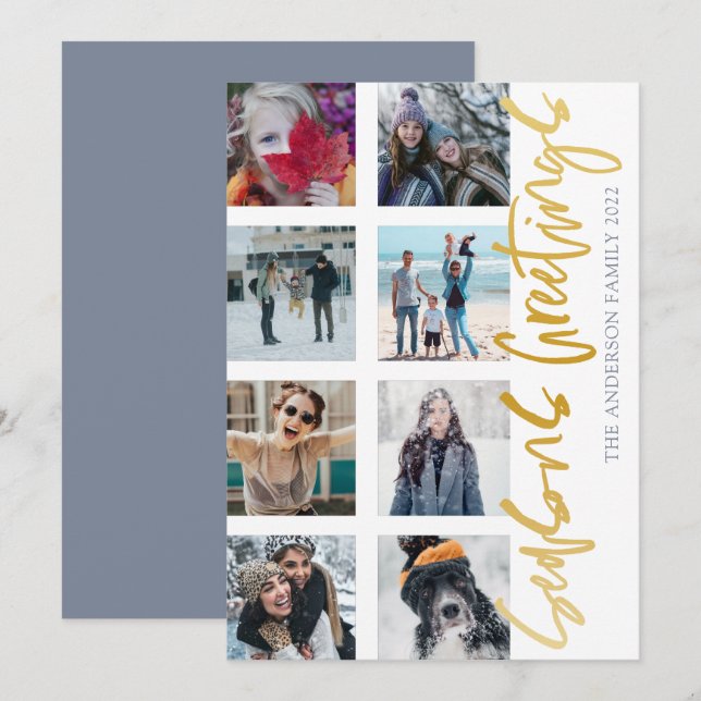 Cartão De Festividades Seasons Saudações Dourado Script 8 Foto Natal (Frente/Verso)