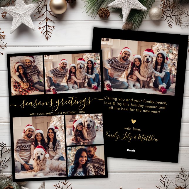Cartão De Festividades Seasons Saudações Script Dourado Chic Black 5 Foto (Criador carregado)