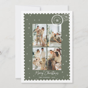 Cartão De Festividades Selo de Colagem de Foto Verde de Natal Feliz