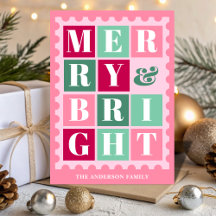Selo de Correio de Natal Pink Retro Alegre e Brilh