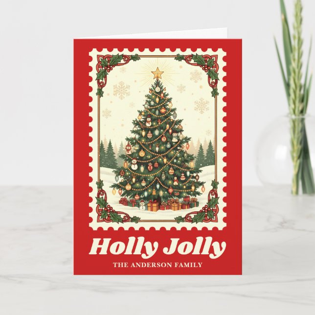 Cartão De Festividades Selo Postal da Árvore de Natal Holly Jolly (Frente)