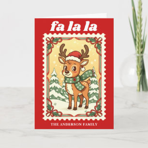 Cartão De Festividades Selo Postal de Natal com Rena Retro Fa La La