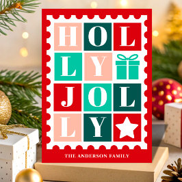 Cartão De Festividades Selo Postal de Natal Retro Holly Jolly