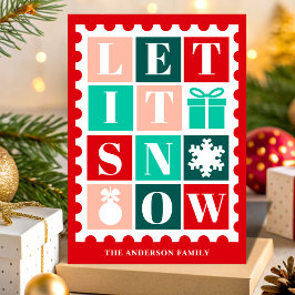 Cartão De Festividades Selo Postal de Natal Retro Let It Snow