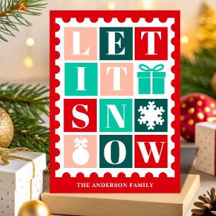 Cartão De Festividades Selo Postal de Natal Retro Let It Snow