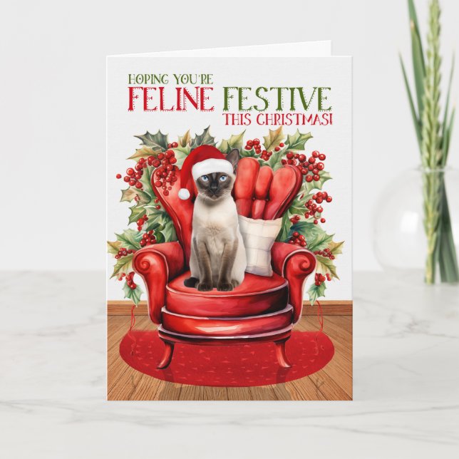Cartão De Festividades Selo Siamês Ponto de Natal Gato Festivo (Frente)