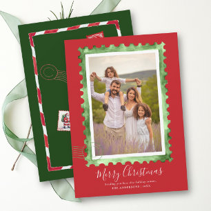 Cartão De Festividades Selo Vintage Verde Vermelho Natal Família