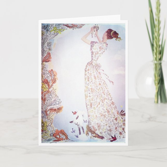 Cartão De Festividades Senhora com os animais nas flores (Frente)