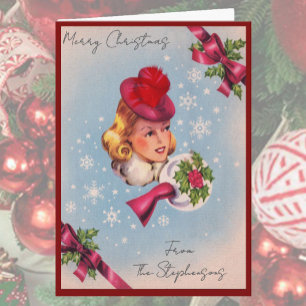 Cartão De Festividades Senhorita de Natal Vintage Nome Personalizado Inte