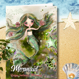 Cartão De Festividades Sereia e Tartaruga Marinha de Aniversário com Aqua