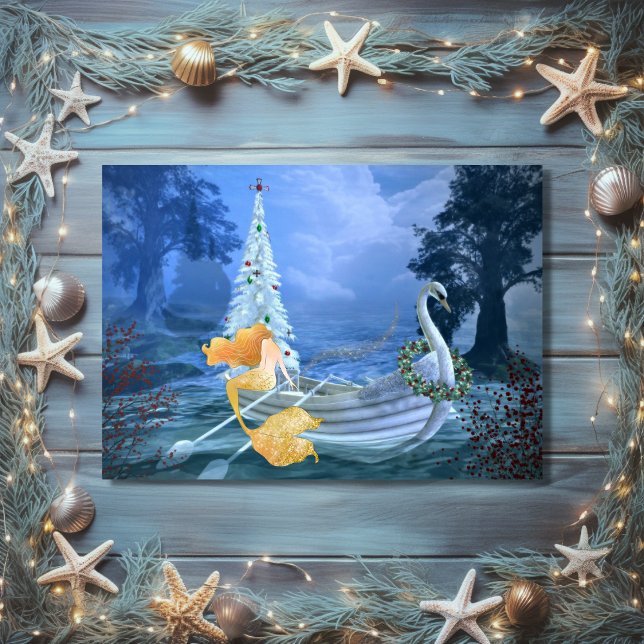 Cartão De Festividades Sereia Mágica, Barco Cisne e Árvore de Natal (Magical Mermaid, Swan Boat and Christmas Tree Holiday Card)