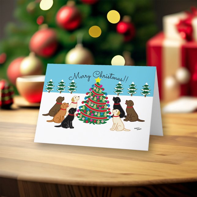 Cartão De Festividades Sete Labradores e árvore de Natal (Seven Labradors Christmas Card for Labrador Owners.  Chocolate, Black, Yellow Labs, Fox Red Lab.)