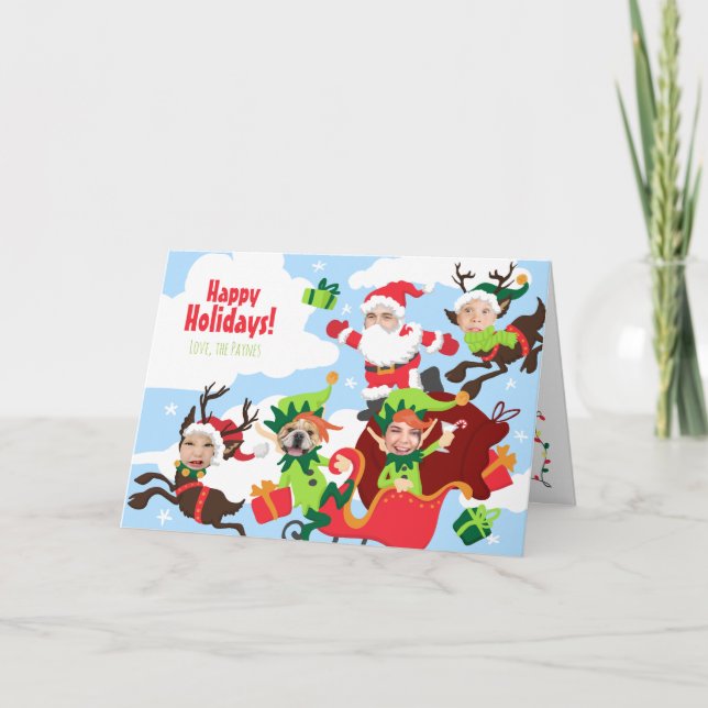 Cartão De Festividades Seu Rosto Aqui! Família de 5 Felizes Natal (Frente)