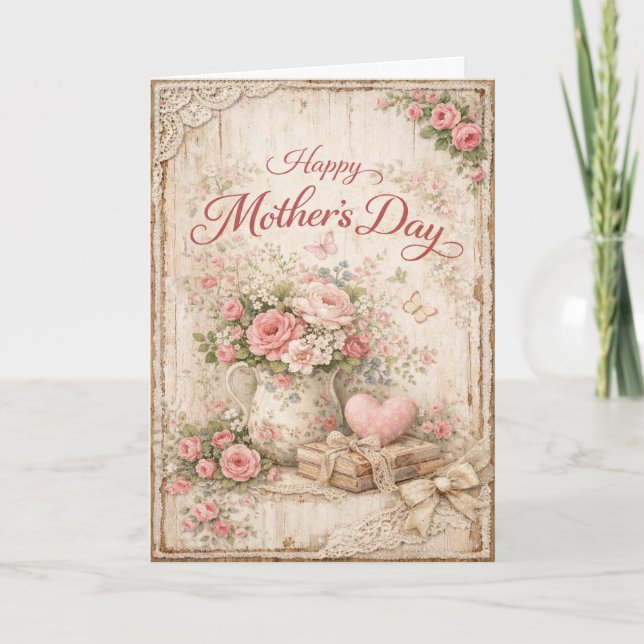 Cartão De Festividades Shabby Chic Pink Floral Lace Mothers Day (Frente)