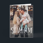 Cartão De Festividades Shalom White Lettering Overlay Happy Hanukkah<br><div class="desc">Feliz Hanukkah! Envie desejos de férias e saudações à família e aos amigos com este cartão de feriado com 'Shalom'. Personalize adicionando nomes,  mensagens e fotos. Este design está disponível como placa simples,  cartão dobrado e cartão postal.</div>