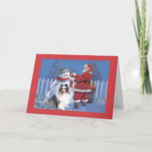 Cartão De Festividades Sheltie Christmas Card Santa and Snowman