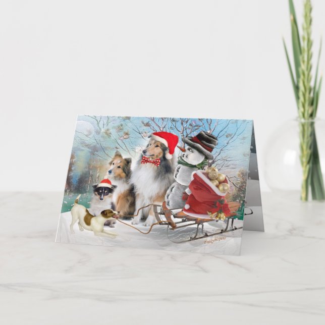 Cartão De Festividades Sheltie, Jack Russell e Snowman Xmas Cards (Frente)