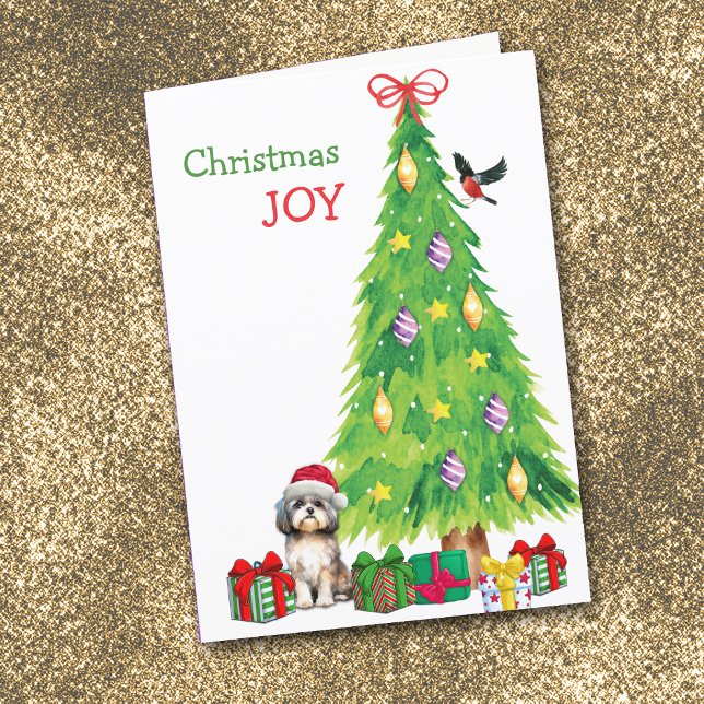 Cartão De Festividades Shih Tzu Dog, Bird e Árvore de Natal (Criador carregado)
